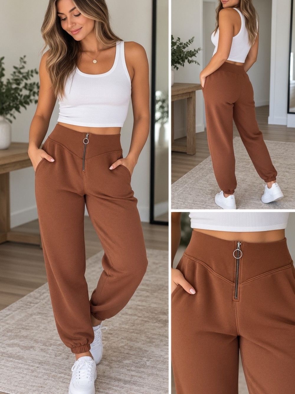 High-Rise Zip-Front Cozy Joggers in Brown